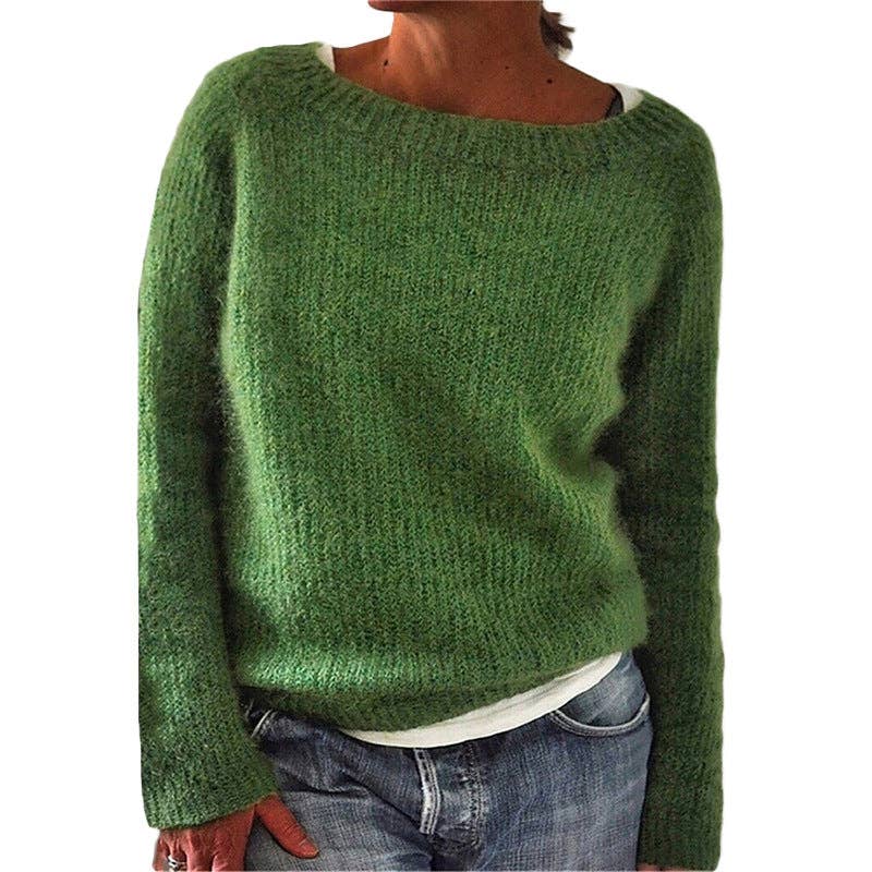 Women's Crew Neck Long Sleeve Solid Knit Pullover Sweater: Gray / S