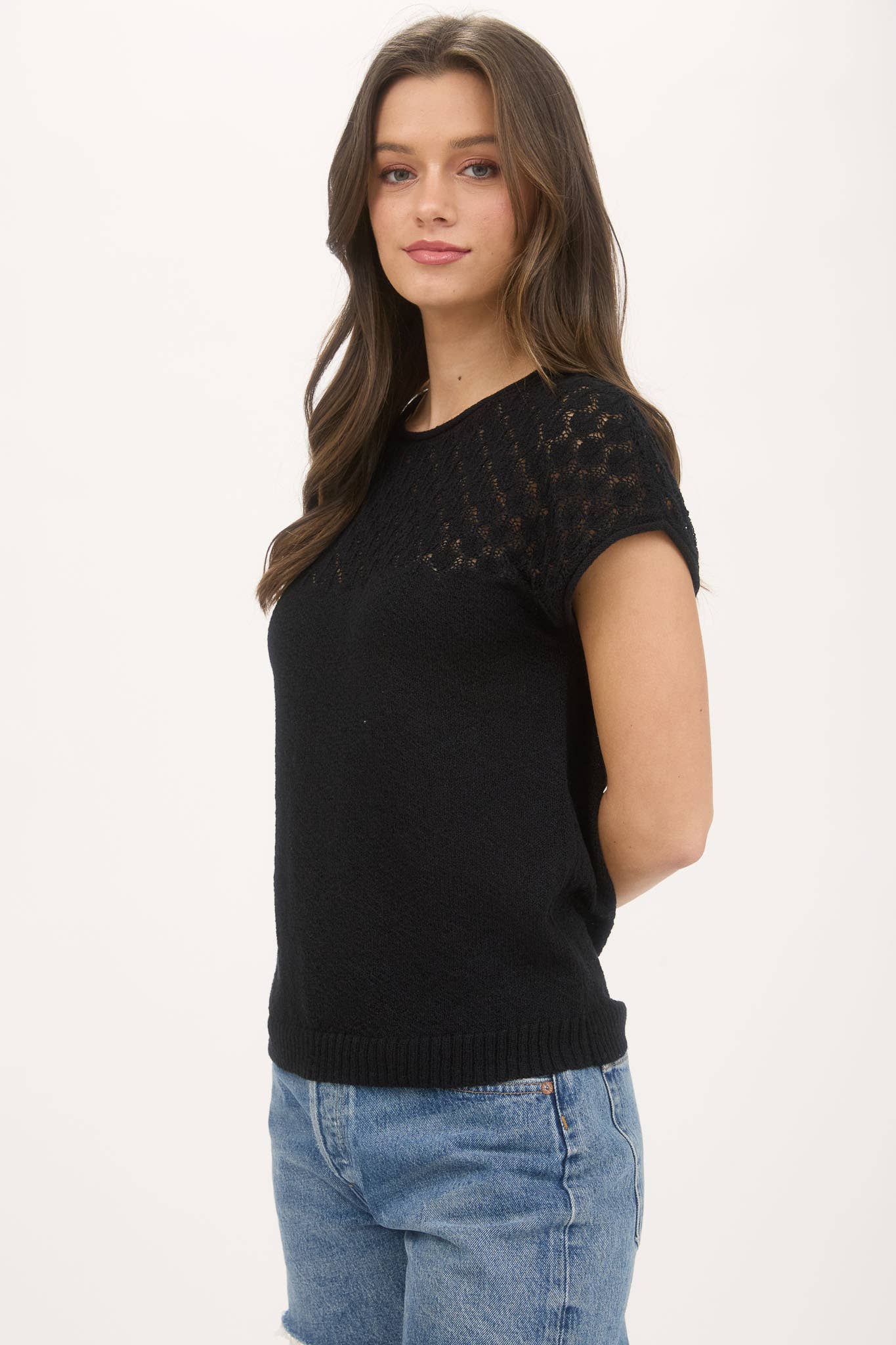 Black Eyelet Yoke Short Sleeve Sweater