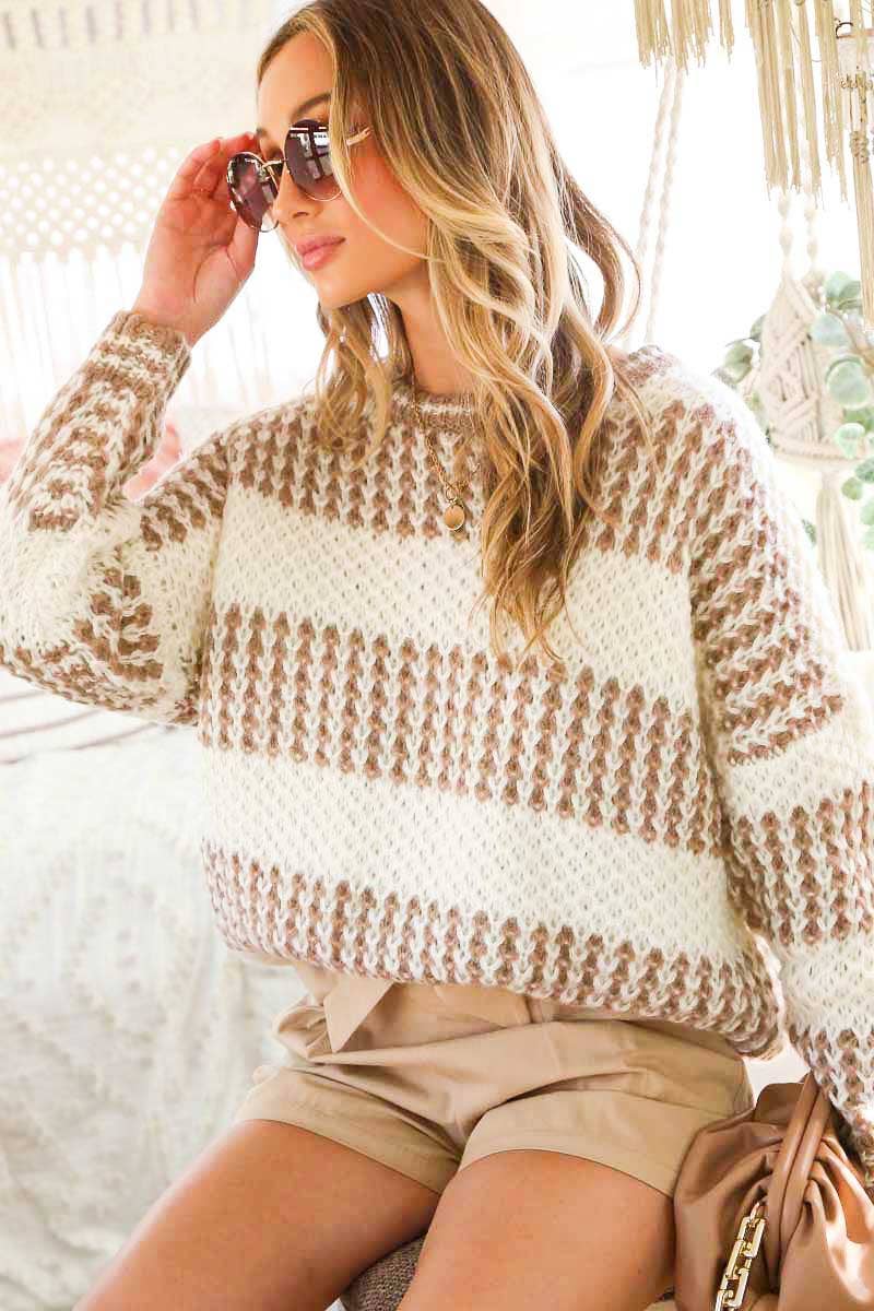 Mocha Round Neck Color Blocked sweater