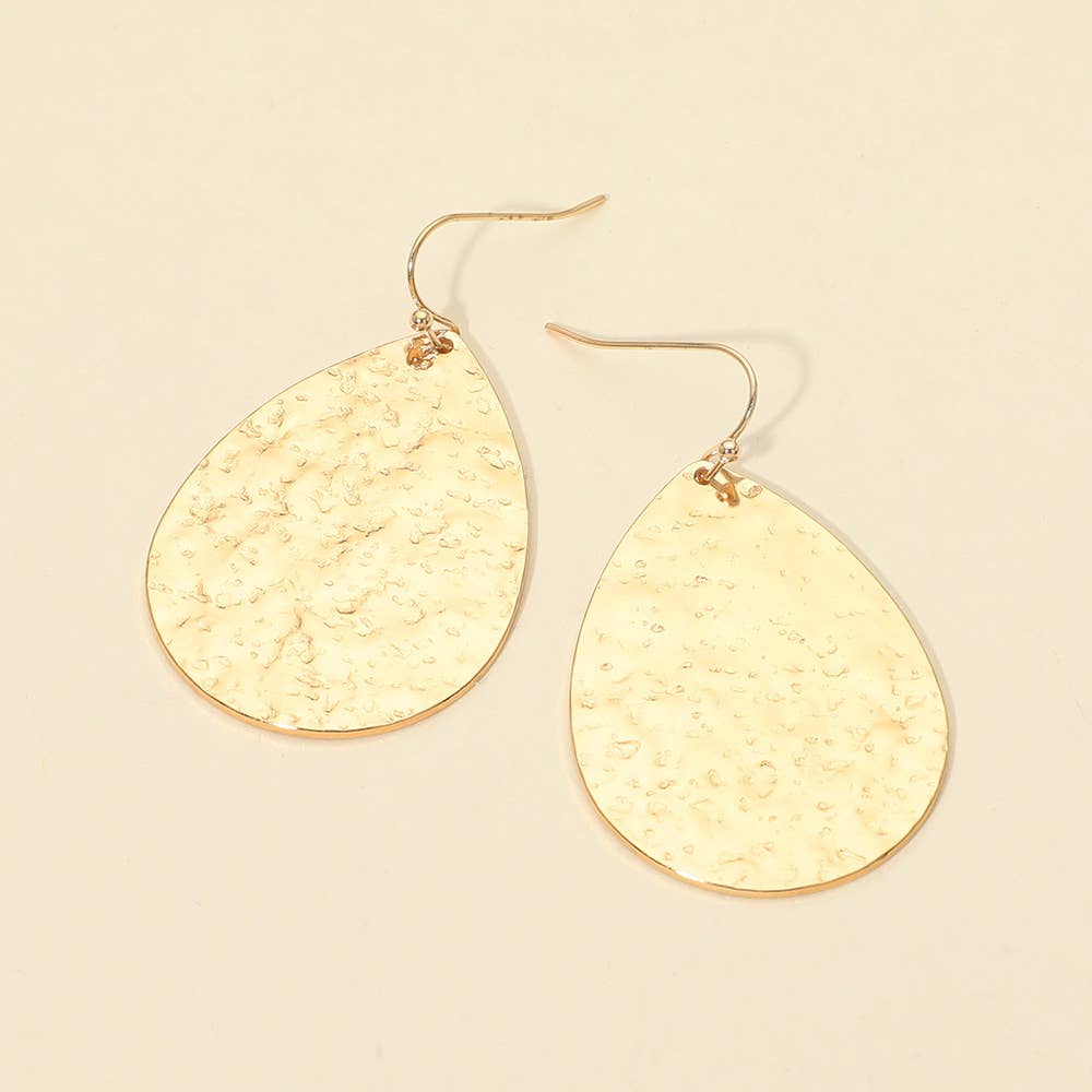 Hammered Metal Teardrop Plate Drop Earrings: Gold