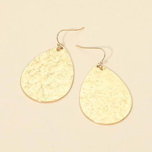Hammered Metal Teardrop Plate Drop Earrings: Gold