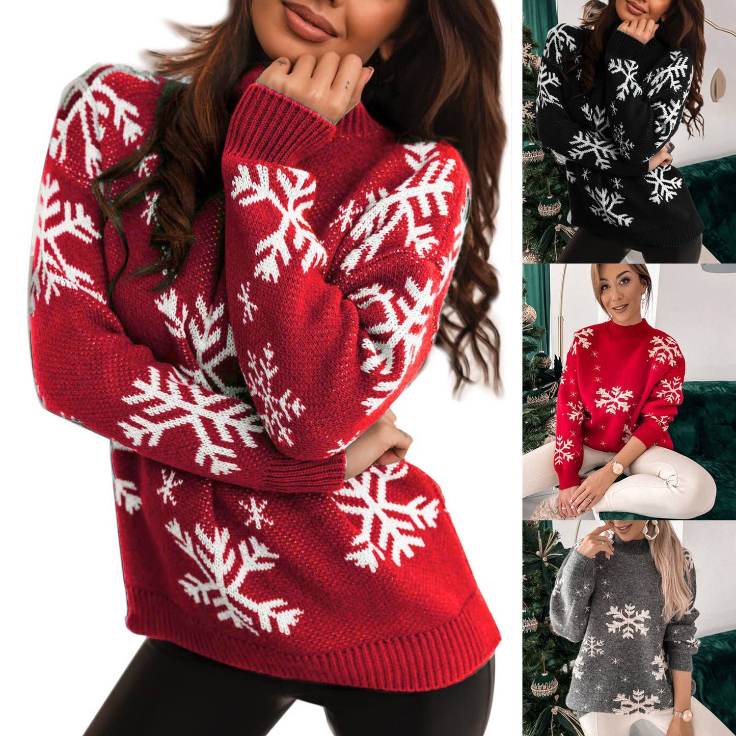 Christmas Snowflake Neck Pullover Sweater: Red