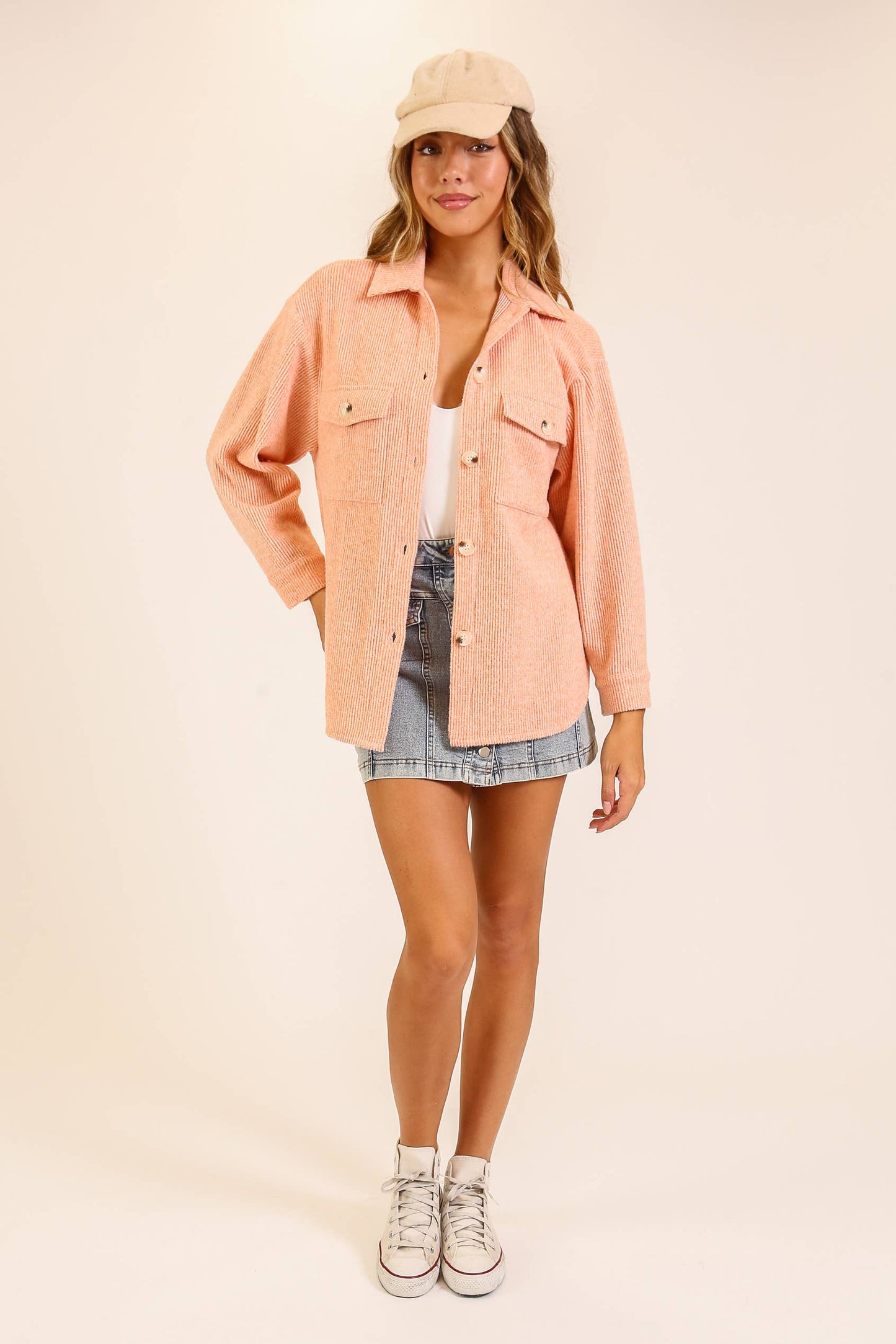 Brushed Waffle Button-Up Shacket: Brown / S