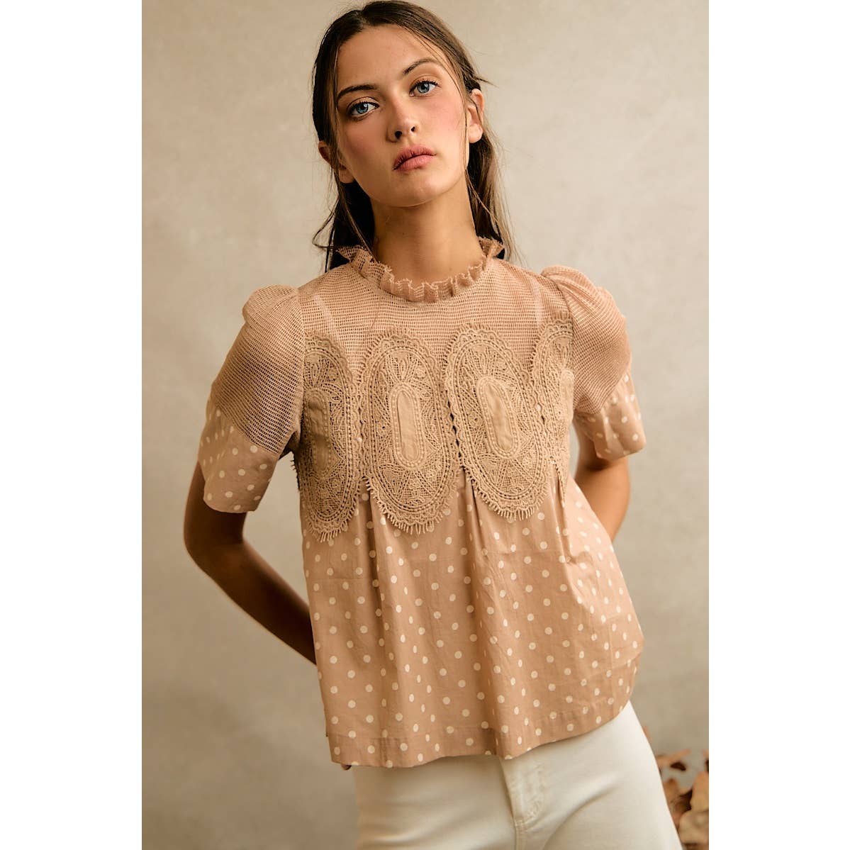 Beige Polka Dot Lace Trim Cotton Blouse