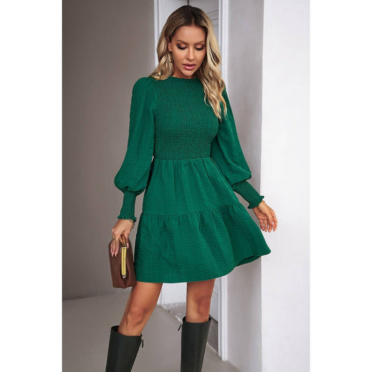 Smocked High Rise Hem Ruffle Midi Dress: Green