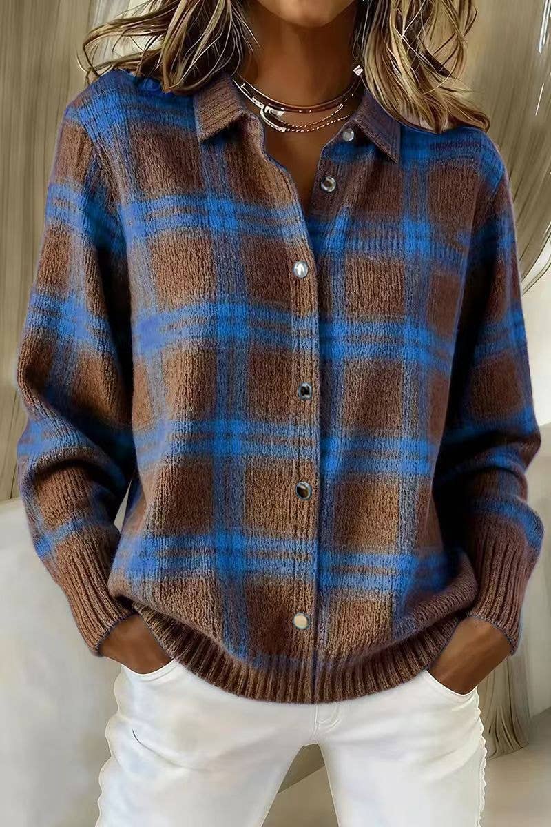 Plaid Knit Shirt Cardigan for Women, Relaxed Button-Up: Blue / 65%Viscose35%Polyester / S