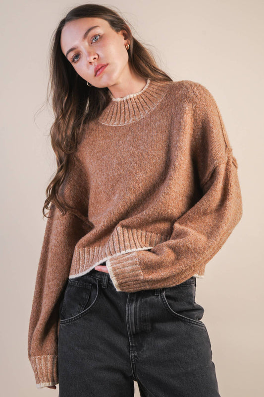 Mocha Oversized Casual Mock Neck Knit Sweater