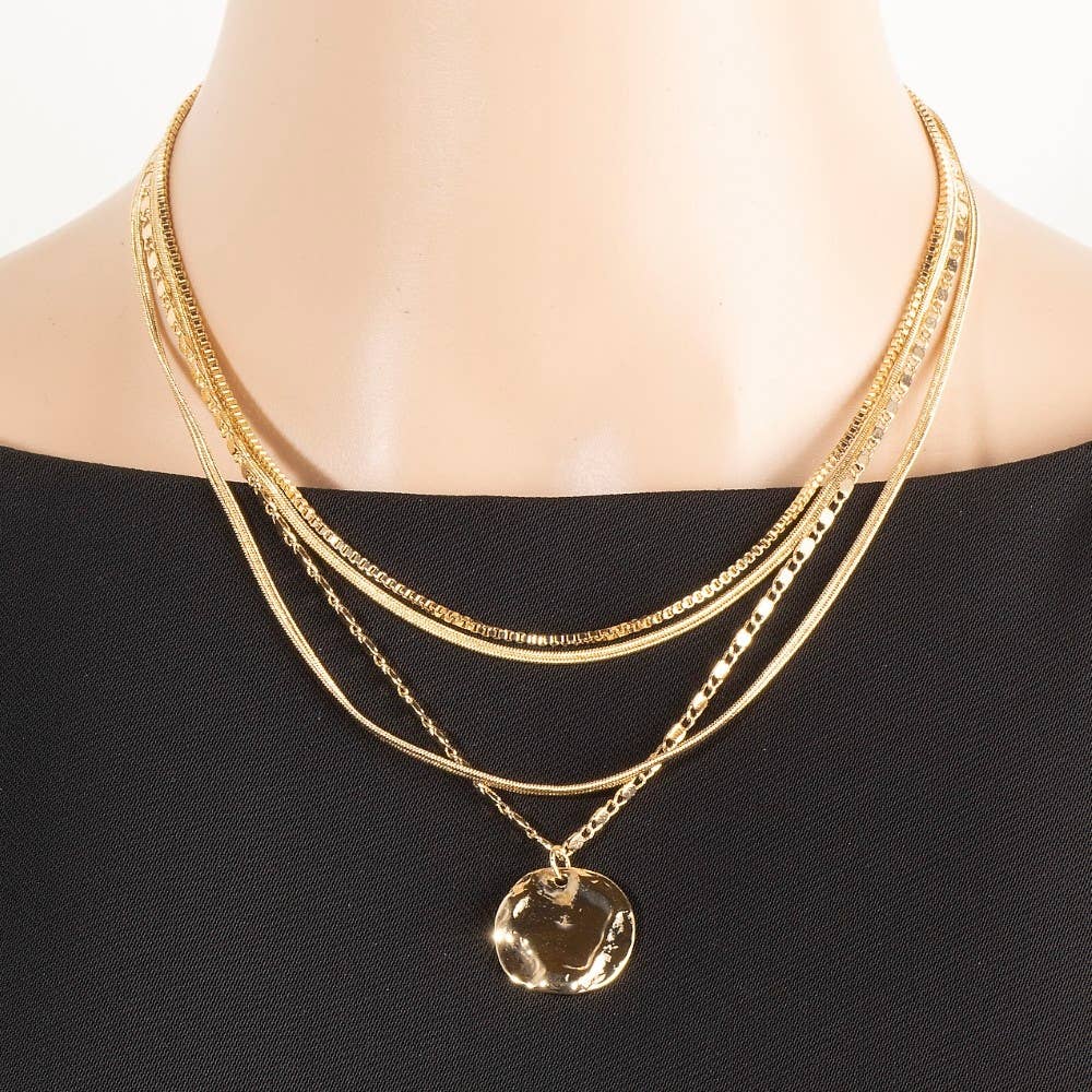 Hammered Gold Coin Pendant Layered Chains Necklace