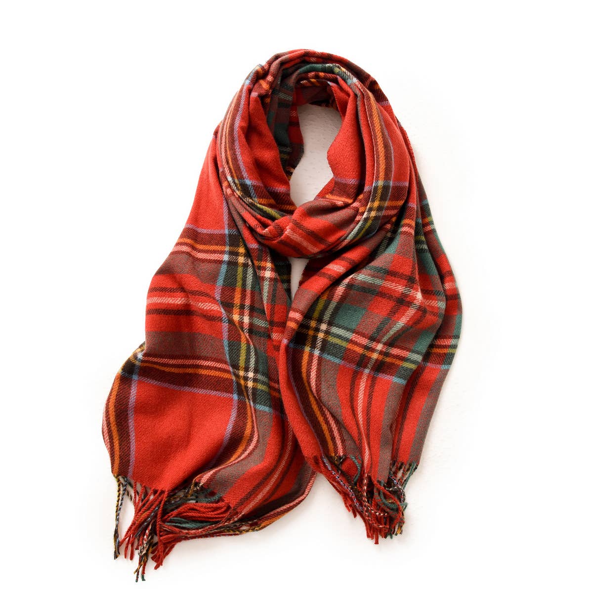 Red Plaid Winter Scarf for Women with Tassels