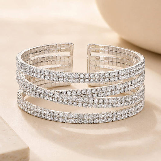 Rhinestone Pave Crisscross Cuff Evening Bracelet: Silver Clear