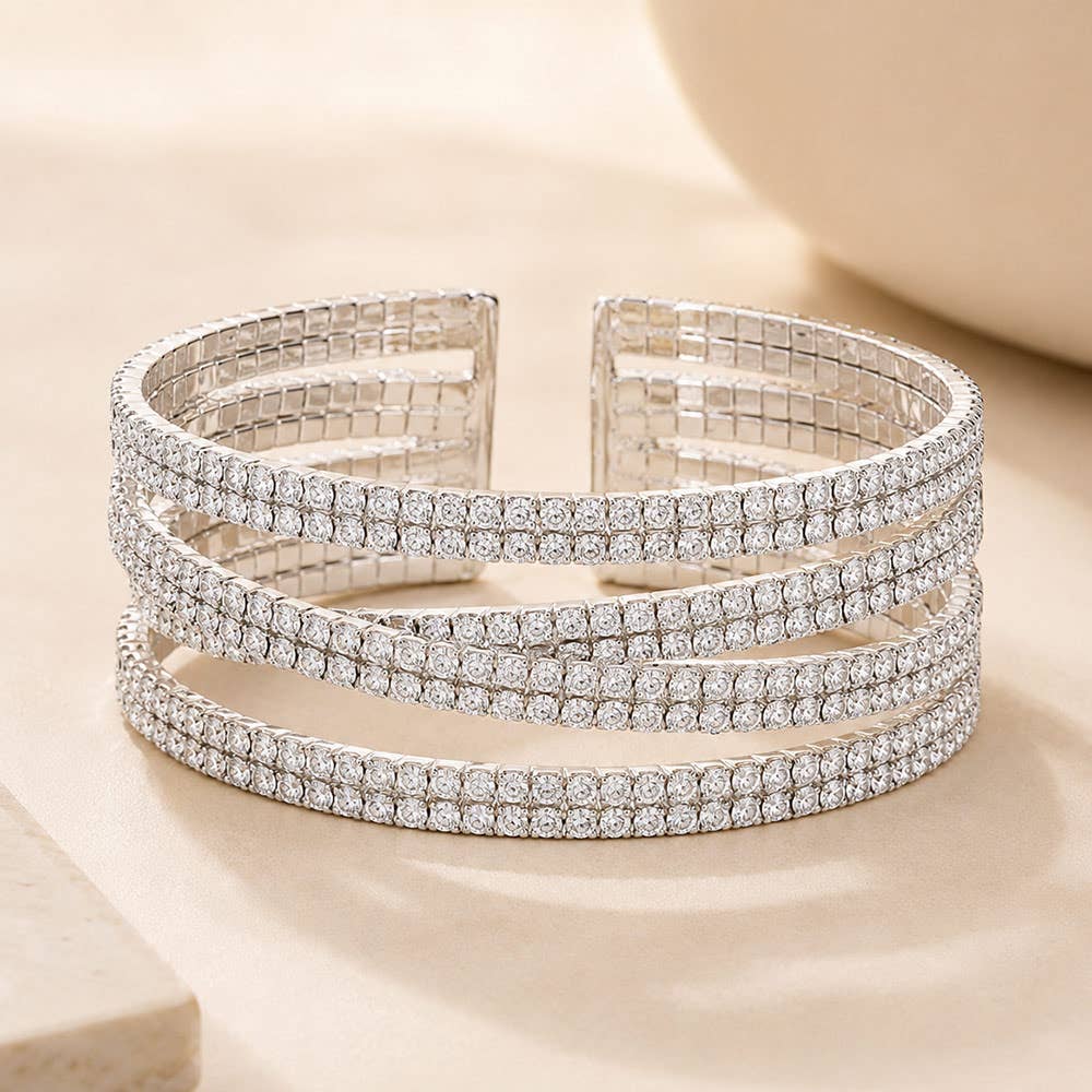 Rhinestone Pave Crisscross Cuff Evening Bracelet: Rose Gold Clear