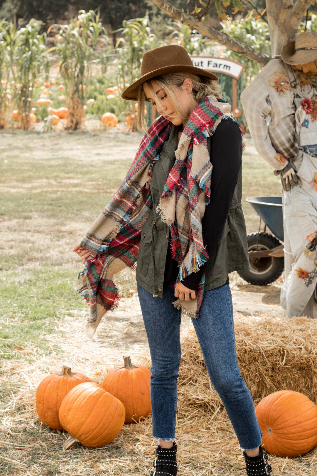 Plaid Blanket Scarf - Tan Green Red: Tan Green Red Plaid