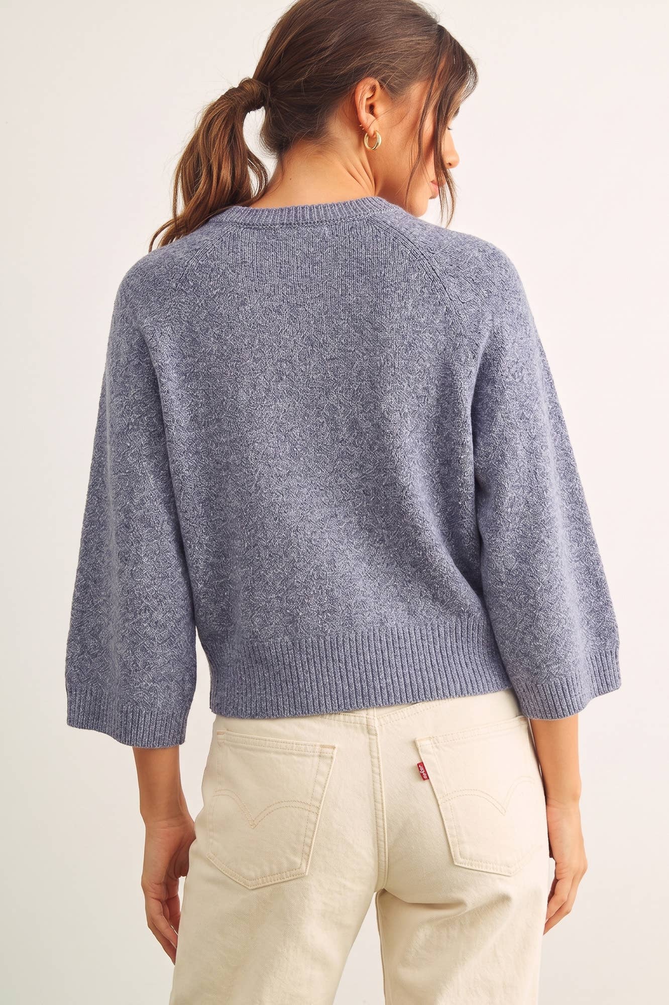 Blue Round Neck 3/4 Sleeve Knitted Top