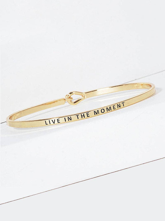 "Live In The Moment" Engraved Rhodium Bangle Bracelet