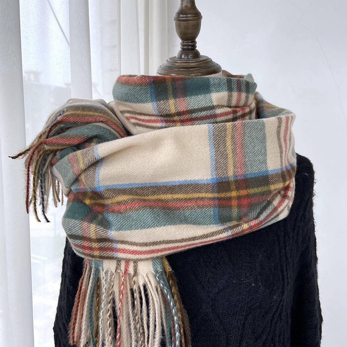 Beige Plaid Winter Scarf-Vintage Tassel Shawl