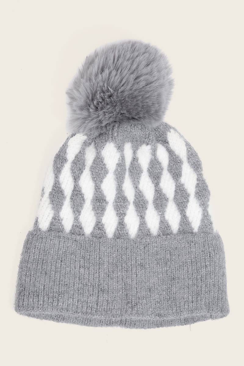 Gray Diamond Stripe Knit Pom Winter Beanie