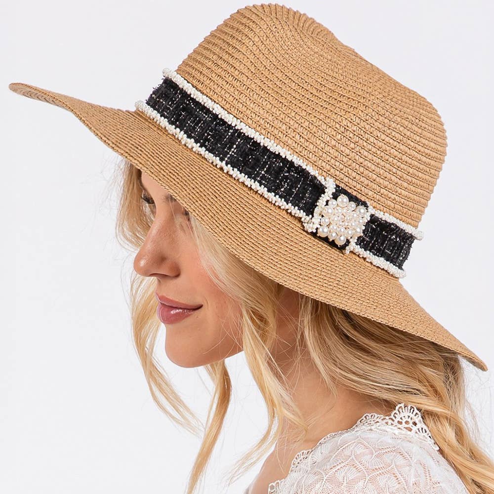 Taupe Tweed Pearl Band Straw Sun Hat