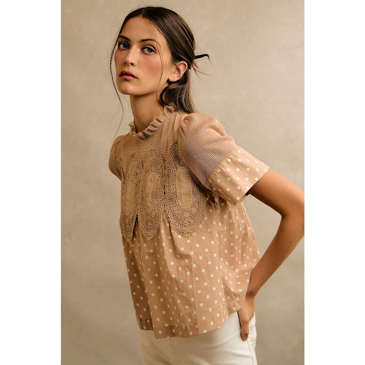 Beige Polka Dot Lace Trim Cotton Blouse