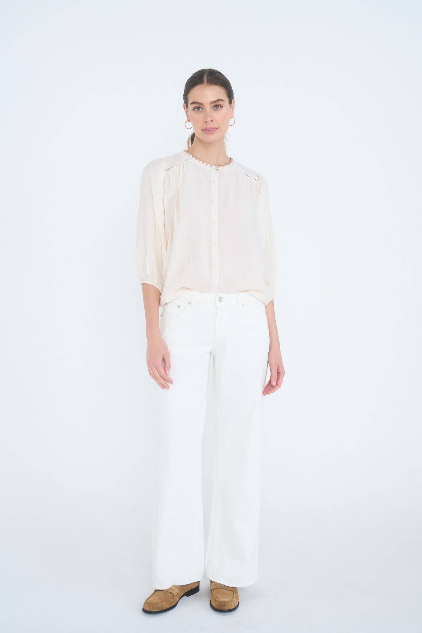 Ivory Contrast Stitch Button Down Half Sleeve Top