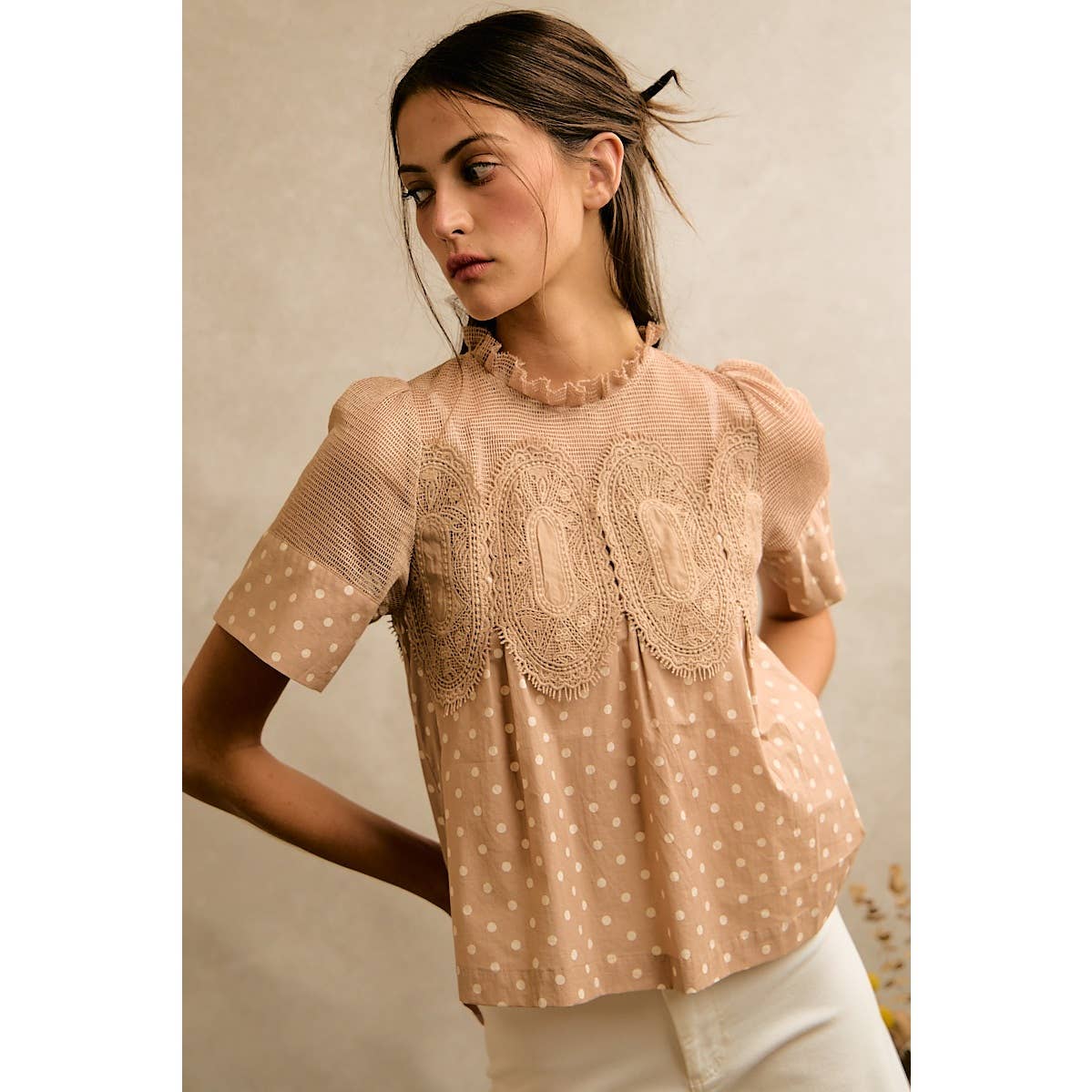 Beige Polka Dot Lace Trim Cotton Blouse