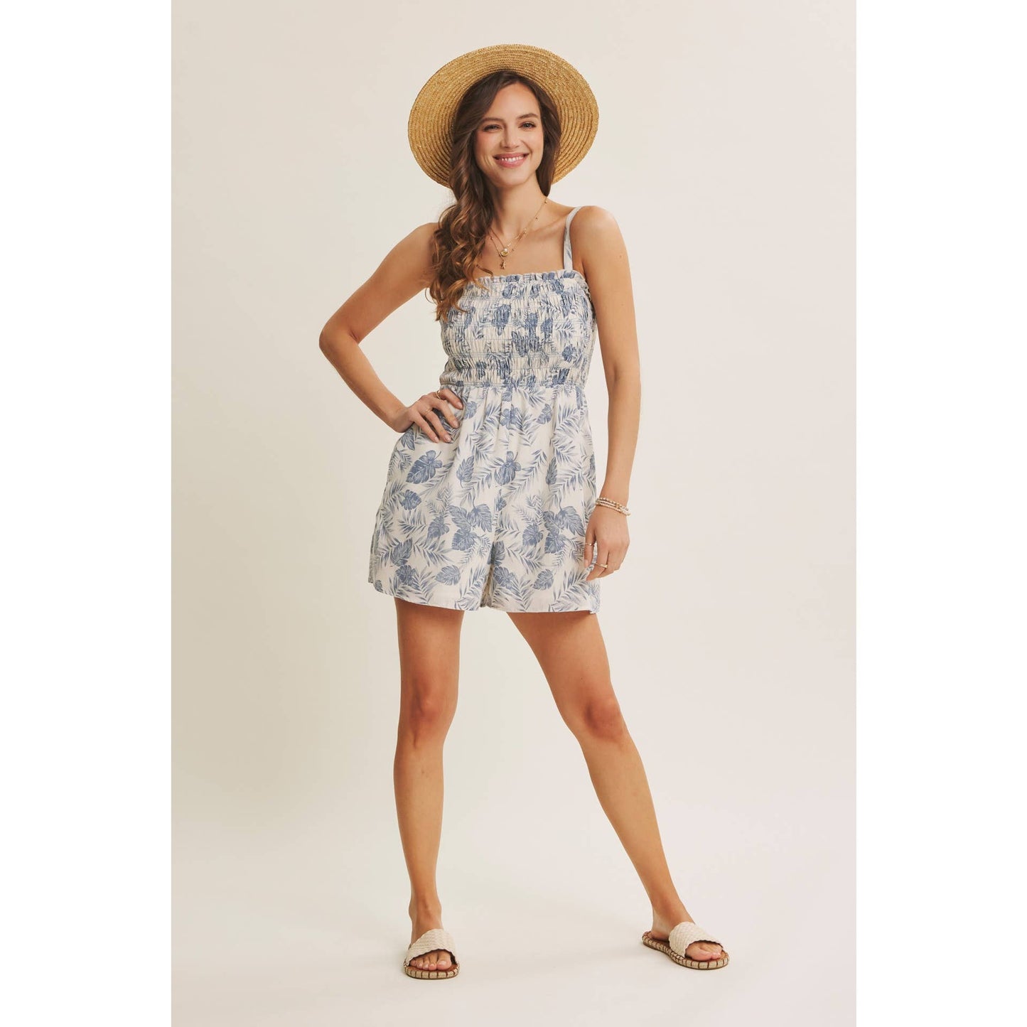 BREATHABLE FOR WARM DAYS PALM LEAF SMOCKED ROMPER: DENIM BLUE / S