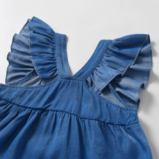 Baby Denim Romper Ruffled Sleeves and Hat Set