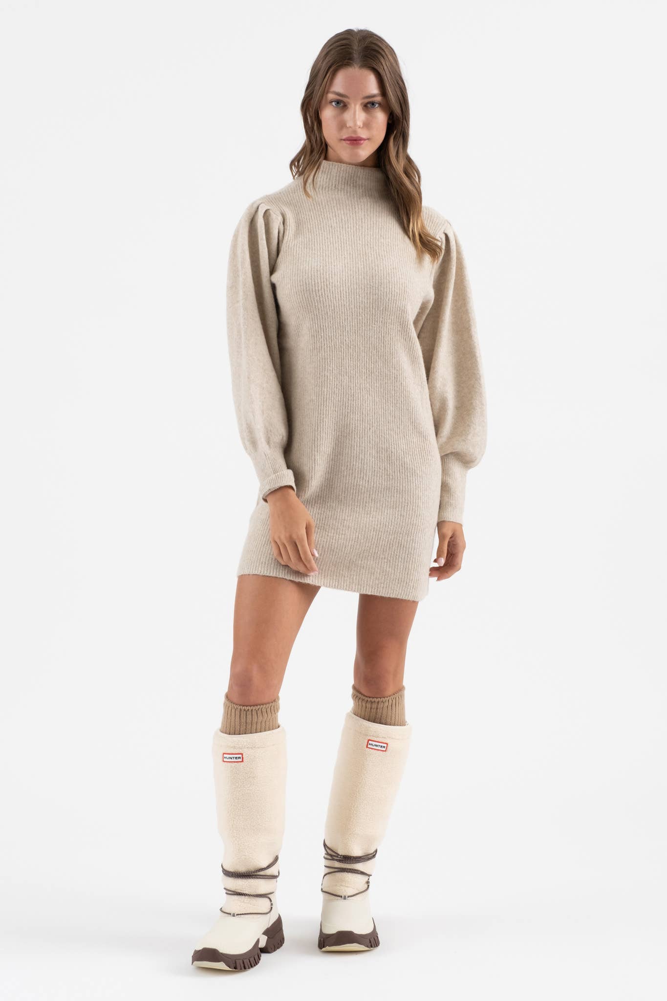 Khaki Mock Neck Puff Sleeve Sweater Dress