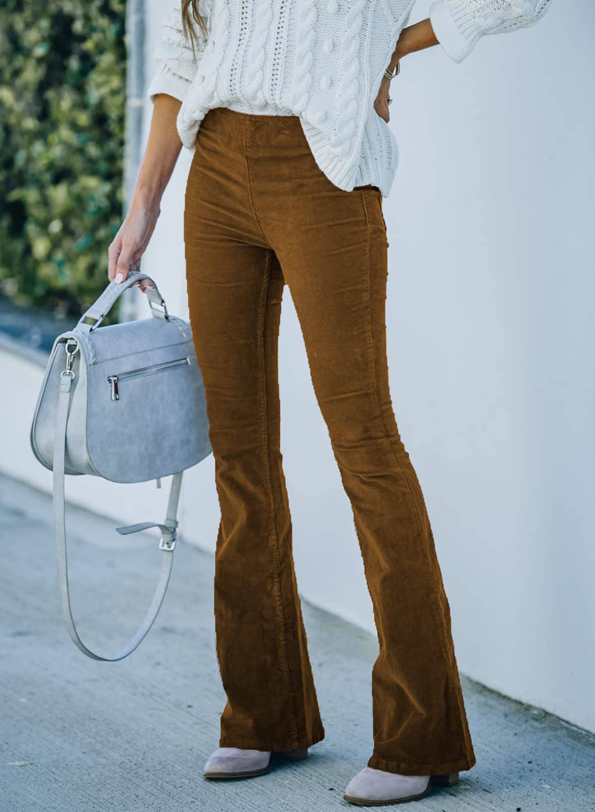 Brown Elastic Waist Flared Pants