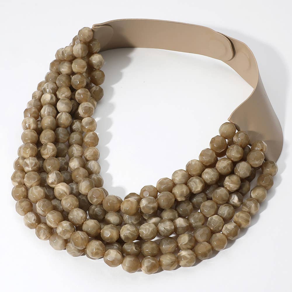 Chunky Acrylic Bead Layered Faux Leather Magnetic Necklace: Brown