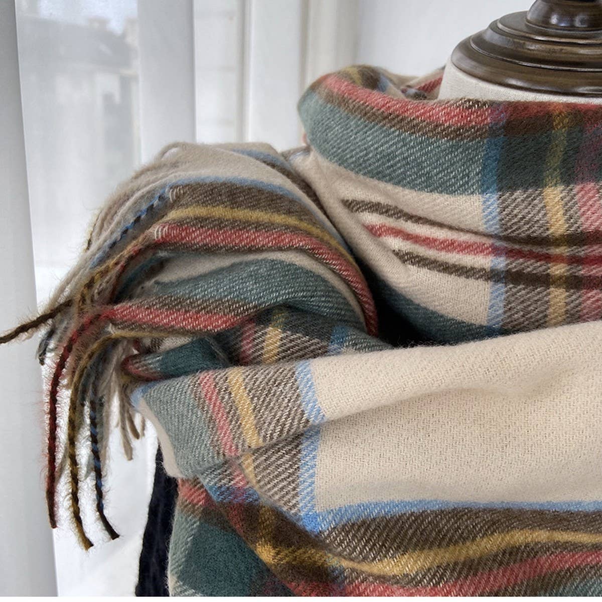 Beige Plaid Winter Scarf-Vintage Tassel Shawl