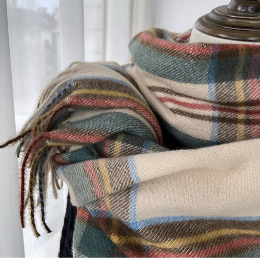 Beige Plaid Winter Scarf-Vintage Tassel Shawl