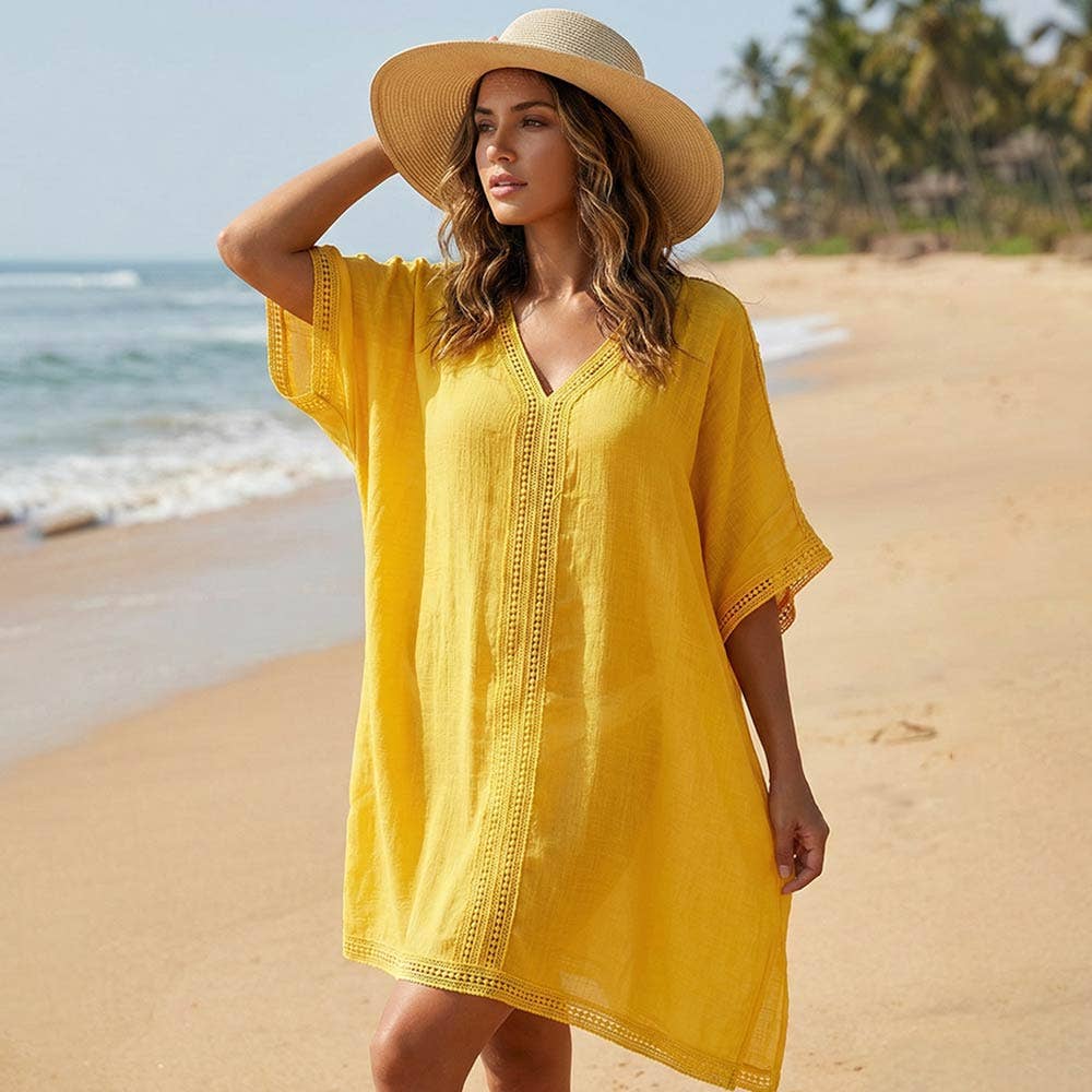 Mustard V Neck Beach Cover Up Tunic Dress