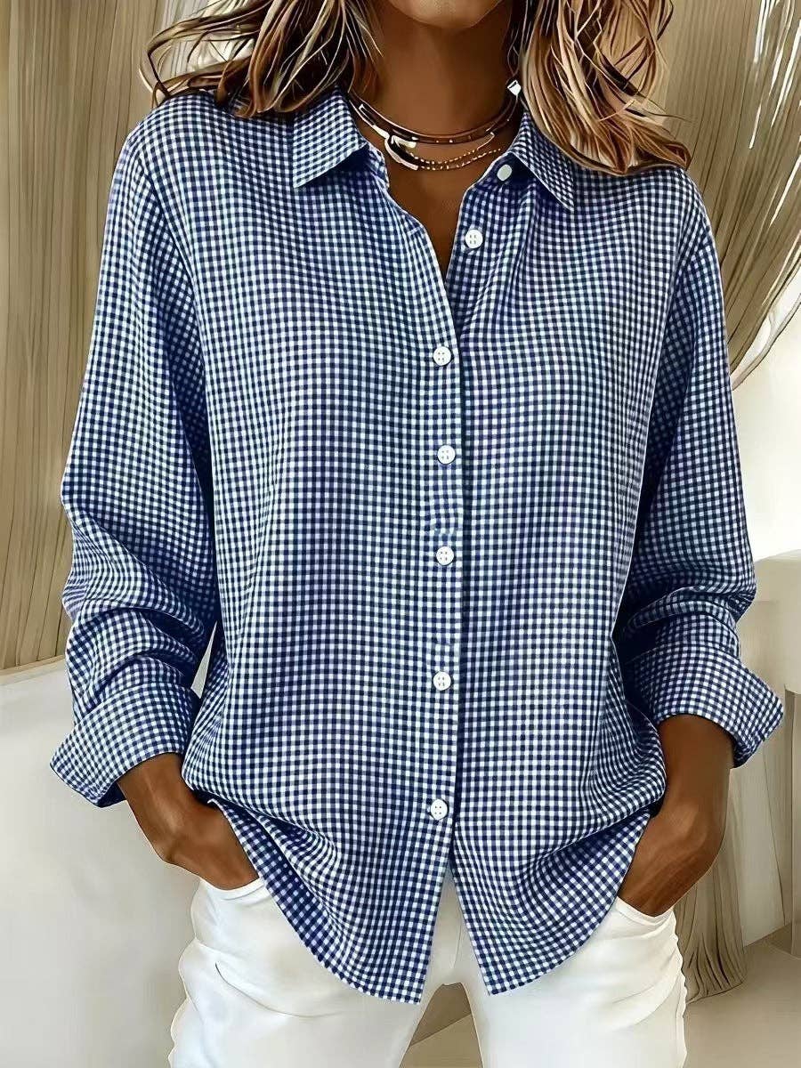 Women's Gingham Long Sleeve Button Down Shirt: Red / 100%Polyester / S