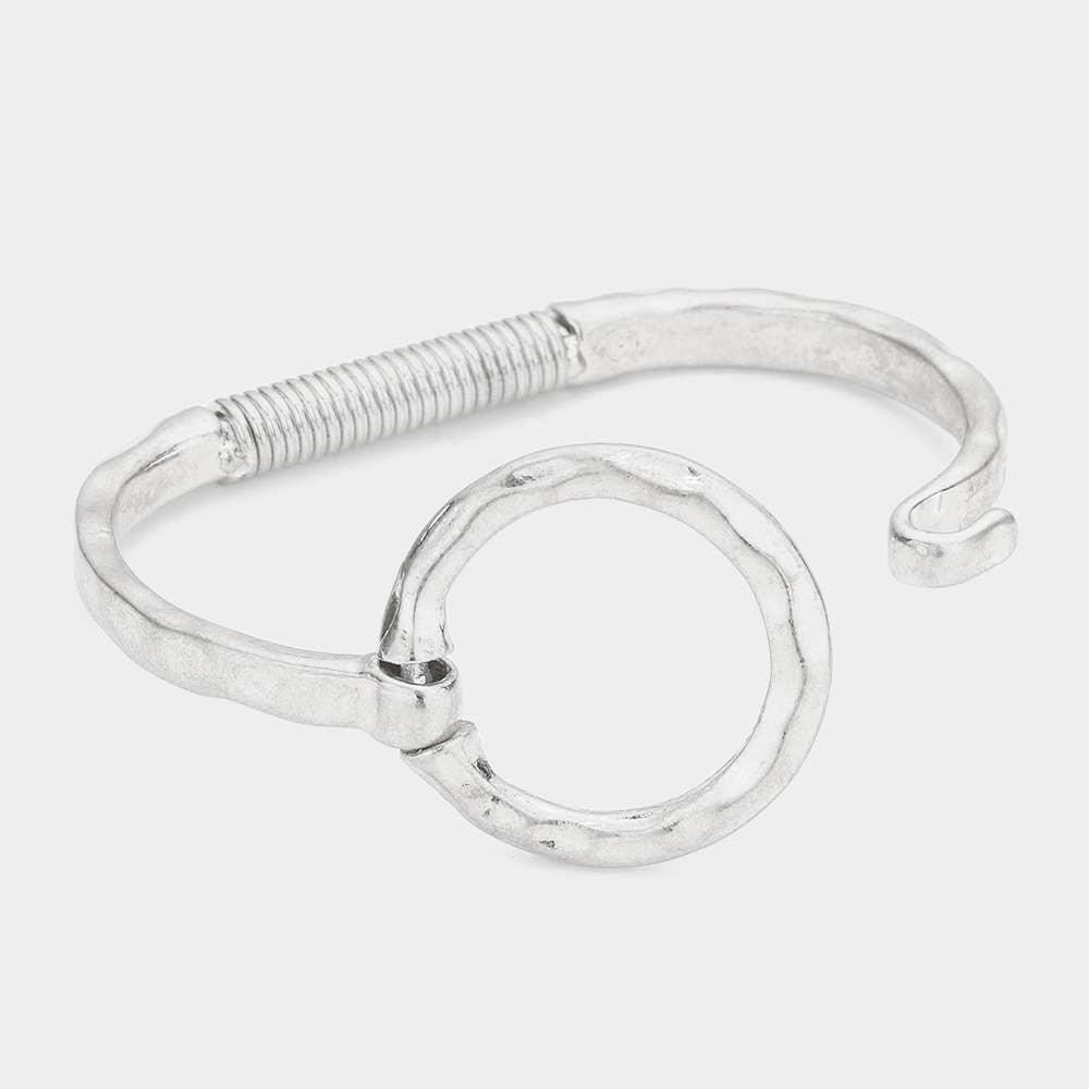 Hammered Open Metal Circle Hook Bracelet: WORN SILVER