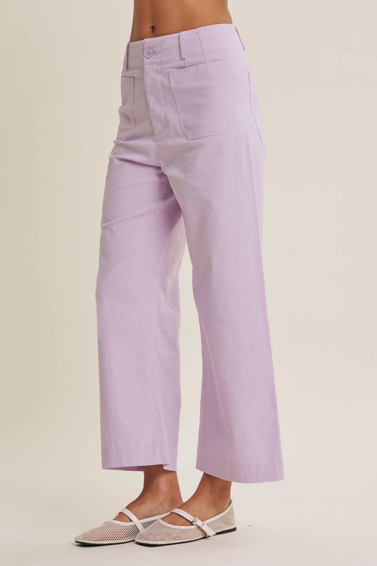SEASONLESS STRETCHY COTTON LINEN ANKLE PANTS WITH POCKETS: LILAC / S