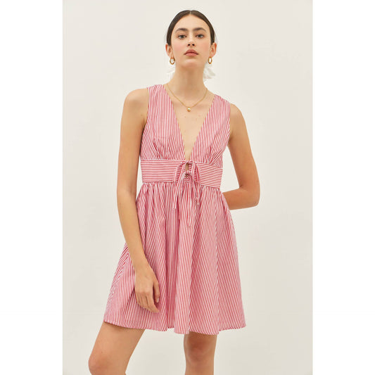 Red & White Summer Plunge Neck Stripe Mini Dress