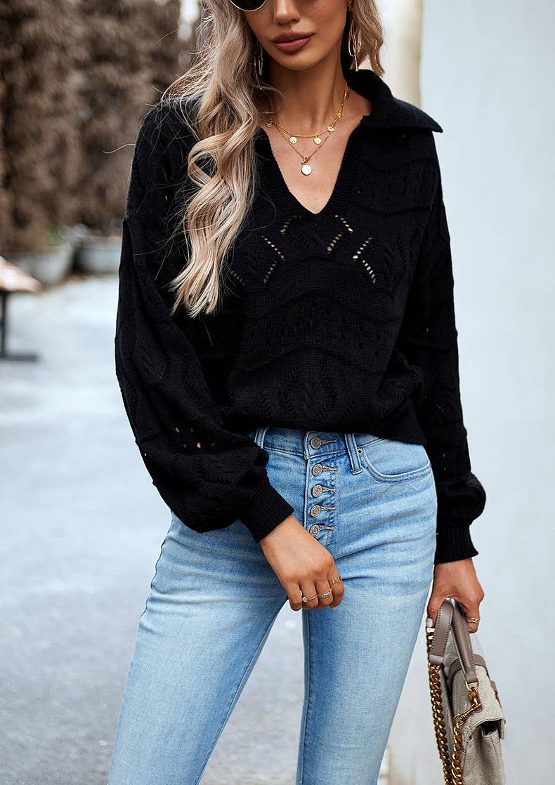 Black Multicolor V-neck Knitted Sweater Top