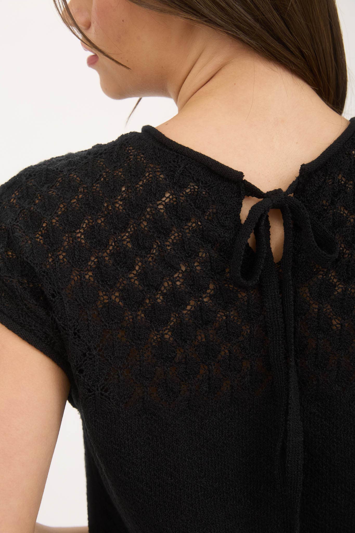 Black Eyelet Yoke Short Sleeve Sweater