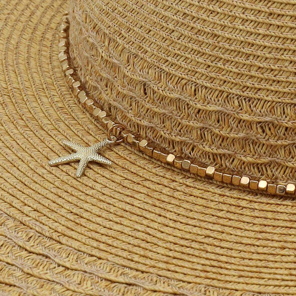 Starfish Charm Sequin band Wide Brim Straw Sun Hat: Tan