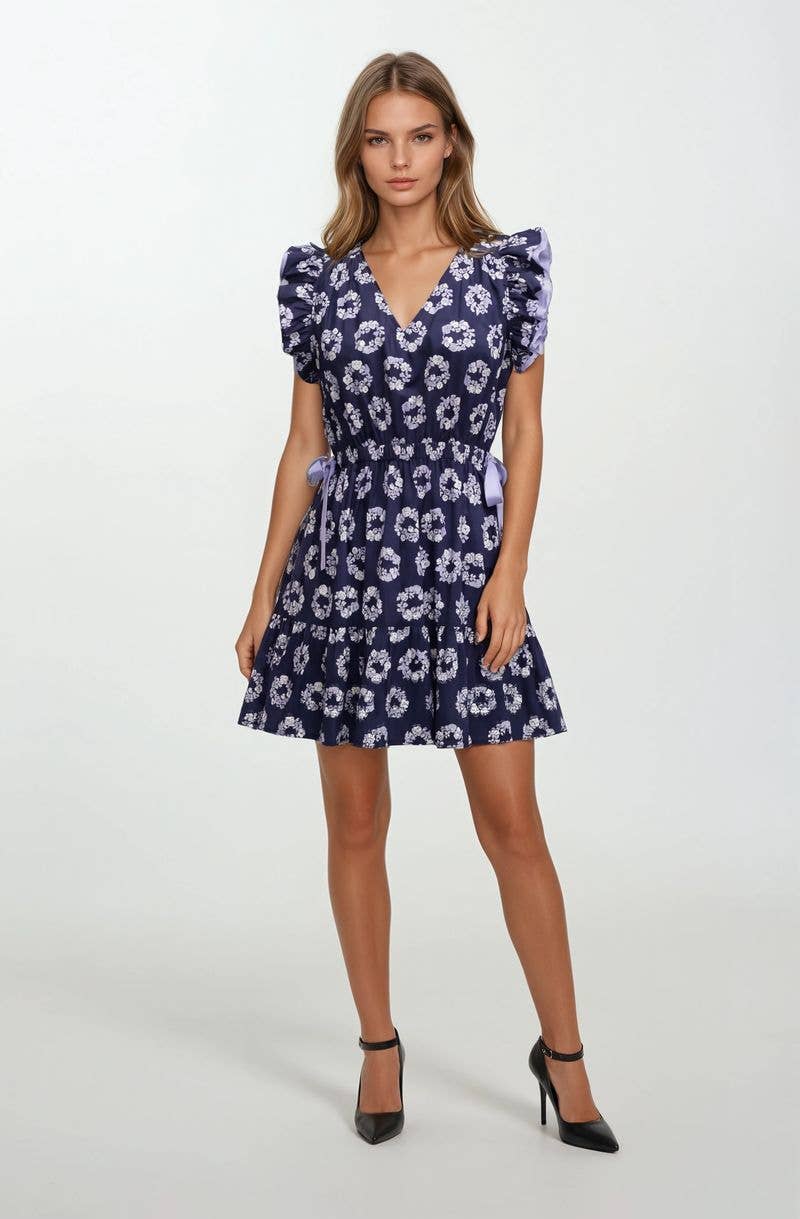 Floral Printed V-Neck Flutter Side Tie Mini Dress