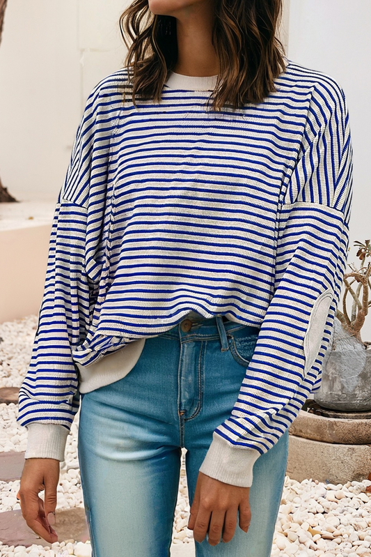 Blue & Cream Textured Elbow Patched Crew Neck Top