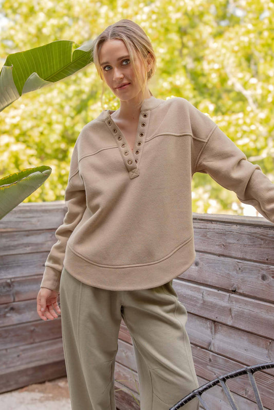 Taupe Spliced Grommet Long Sleev Knit Top