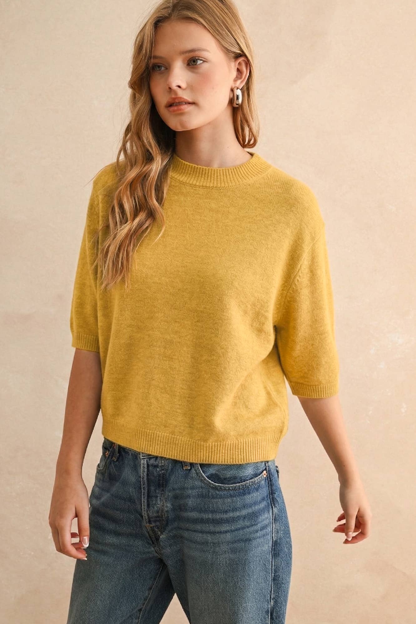 Banana Cream Short Sleeve Sweater Top