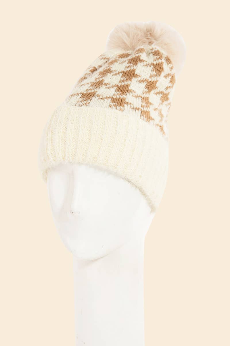Khaki Houndstooth Print Beanie