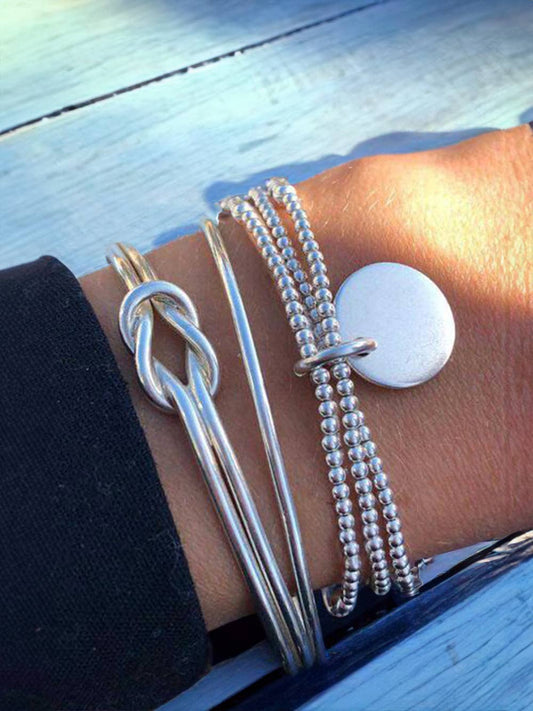 Silver Knotted Beaded 3-piece Bracelet Set: Silver