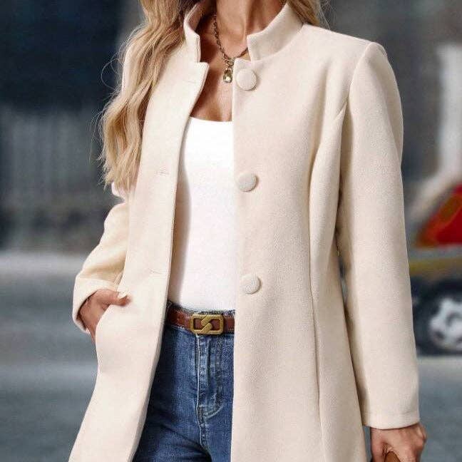 Women's Wool Coat Stand Collar Button Front Long Winter: Camel / Nan / S