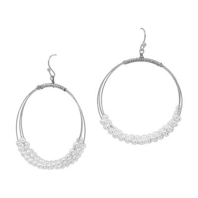 Silver Pearl Layered Beaded Hoop 2" Earring