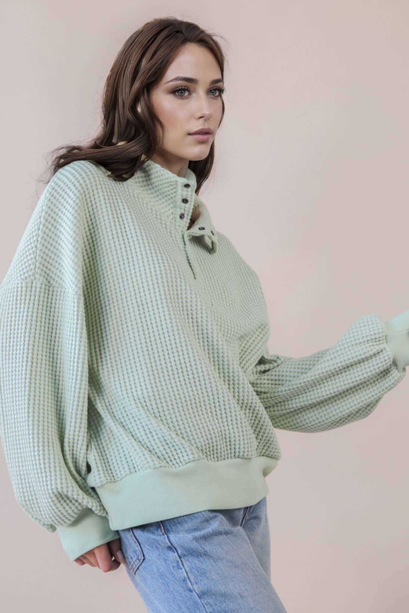 Sage Oversized Half Button Down Casual Waffle Knit