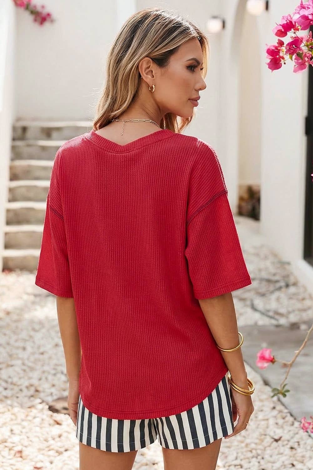 Fiery Red USA Graphic Half Sleeve Loose Ribbed Top