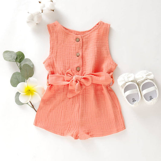 Pink Baby Girl Sleeveless Button Up Belt Romper-12-18 Months